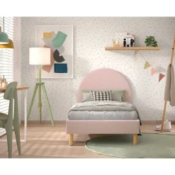 Kinderbedden-Vipack Gestoffeerd bed Maeva 90x200cm - roze bouclé stof