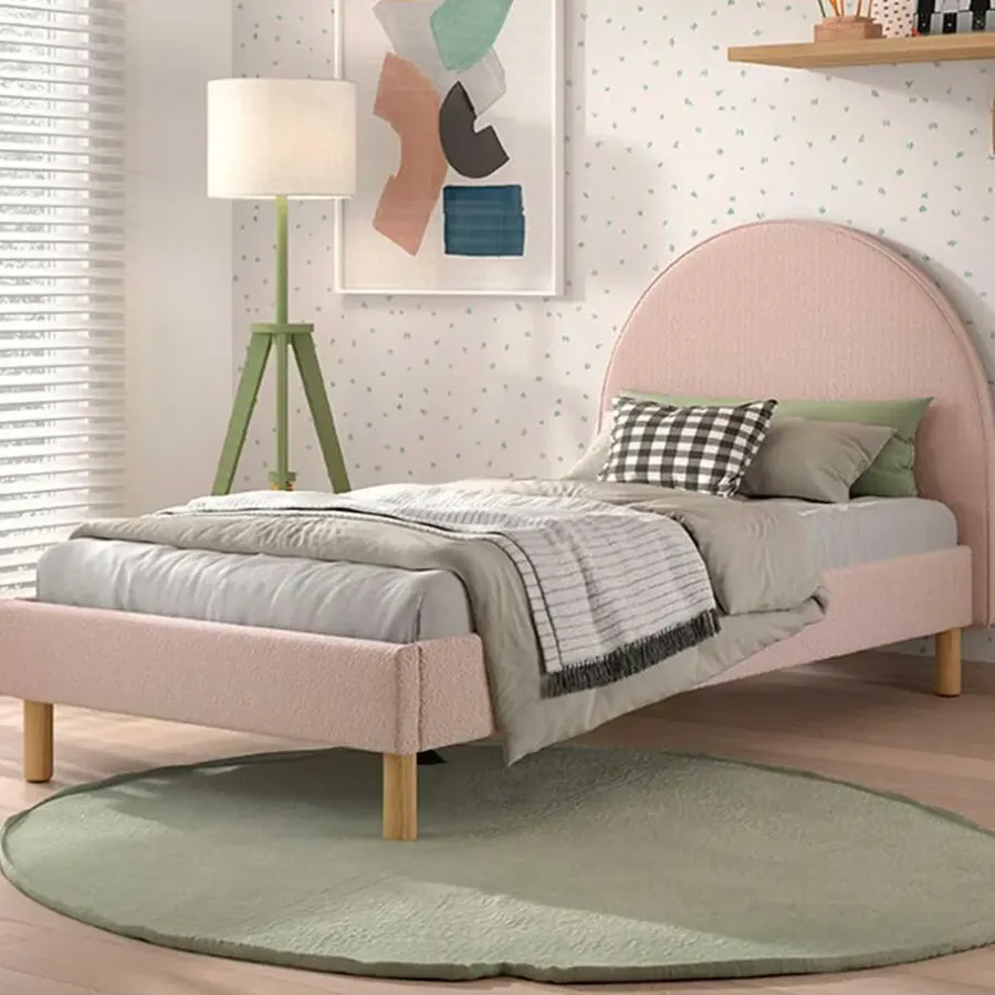 Kinderbedden-Vipack Gestoffeerd bed Maeva 90x200cm - roze bouclé stof