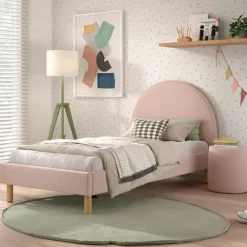 Kinderbedden-Vipack Gestoffeerd bed Maeva 90x200cm - roze bouclé stof