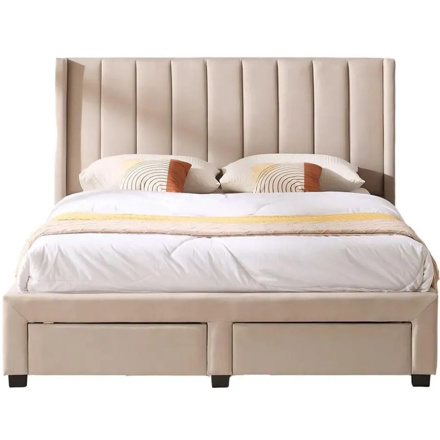 Emob Exclusive Gestoffeerd tweepersoonsbed Wallis - 140 x 200 cm - Met opberglades - Beige