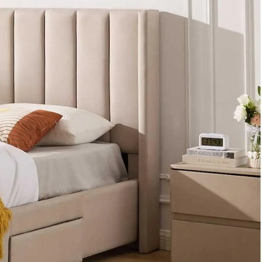 Emob Exclusive Gestoffeerd tweepersoonsbed Wallis - 140 x 200 cm - Met opberglades - Beige