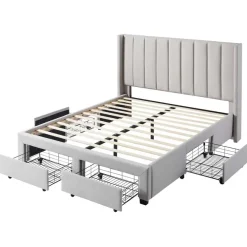 Emob Exclusive Gestoffeerd tweepersoonsbed Wallis - 140 x 200 cm - Met opberglades - Beige