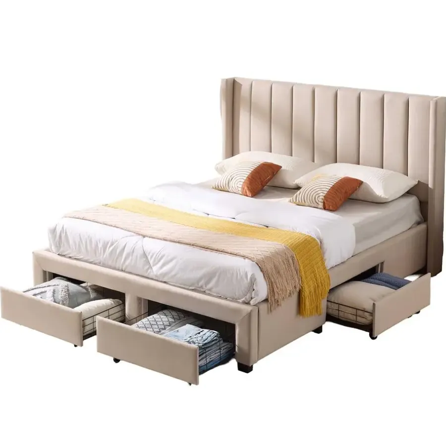 Emob Exclusive Gestoffeerd tweepersoonsbed Wallis - 140 x 200 cm - Met opberglades - Beige