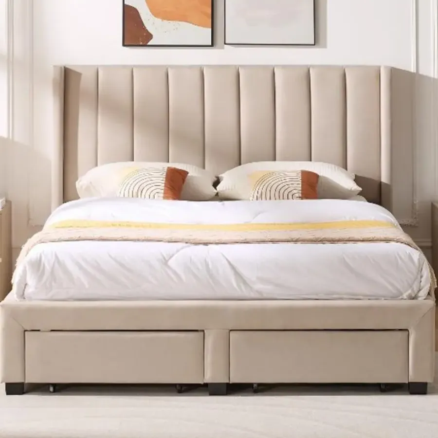 Emob Exclusive Gestoffeerd tweepersoonsbed Wallis - 140 x 200 cm - Met opberglades - Beige