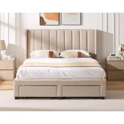 Emob Exclusive Gestoffeerd tweepersoonsbed Wallis - 140 x 200 cm - Met opberglades - Beige