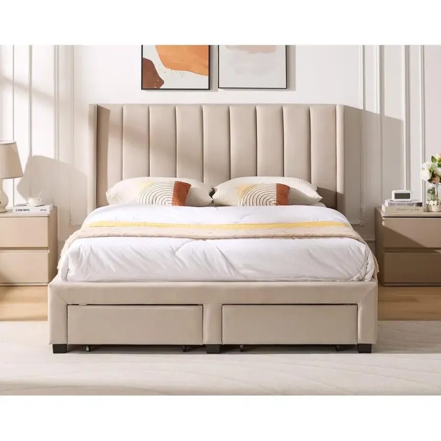 Emob Exclusive Gestoffeerd tweepersoonsbed Wallis - 140 x 200 cm - Met opberglades - Beige