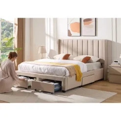 Emob Exclusive Gestoffeerd tweepersoonsbed Wallis - 140 x 200 cm - Met opberglades - Beige