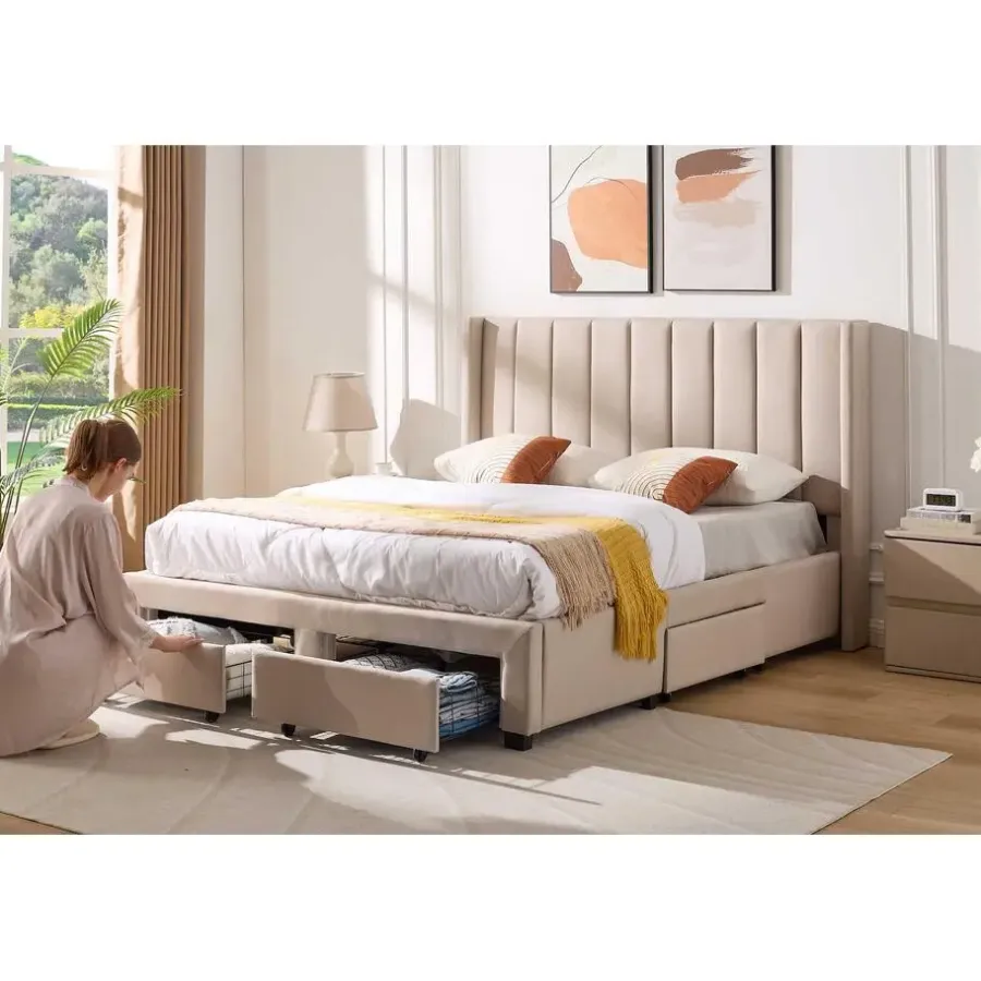 Emob Exclusive Gestoffeerd tweepersoonsbed Wallis - 140 x 200 cm - Met opberglades - Beige