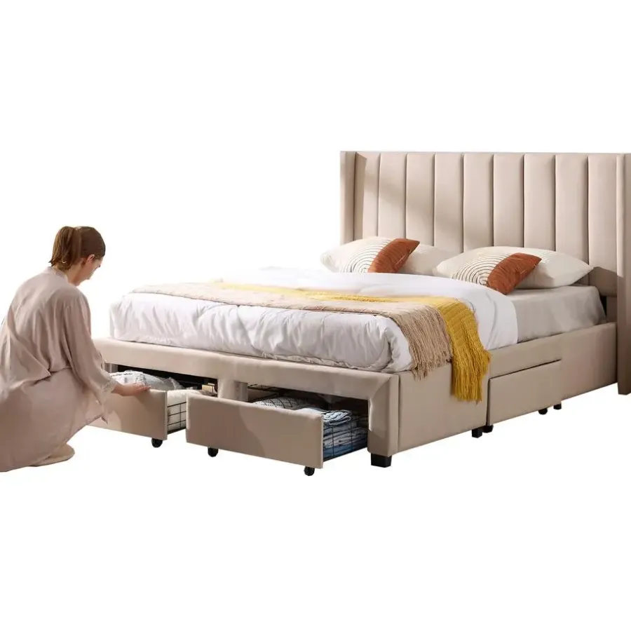 Emob Exclusive Gestoffeerd tweepersoonsbed Wallis - 140 x 200 cm - Met opberglades - Beige