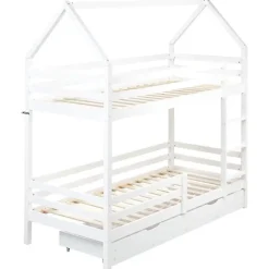 Kinderbedden-Beliani GIRGOLS - Stapelbed met opbergruimte - Wit - 90 x 200 cm - Dennenhout