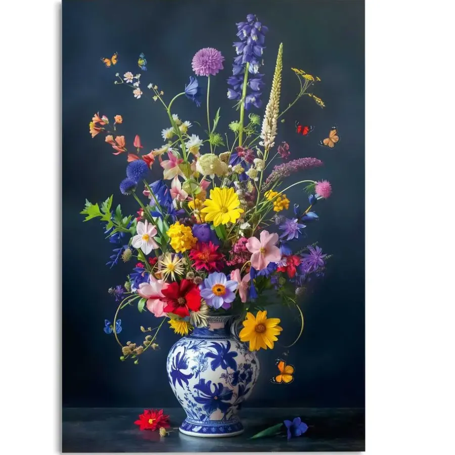 Reinders Glasschilderij Delfts Blauw bloemen - 116 x 78cm - Bont