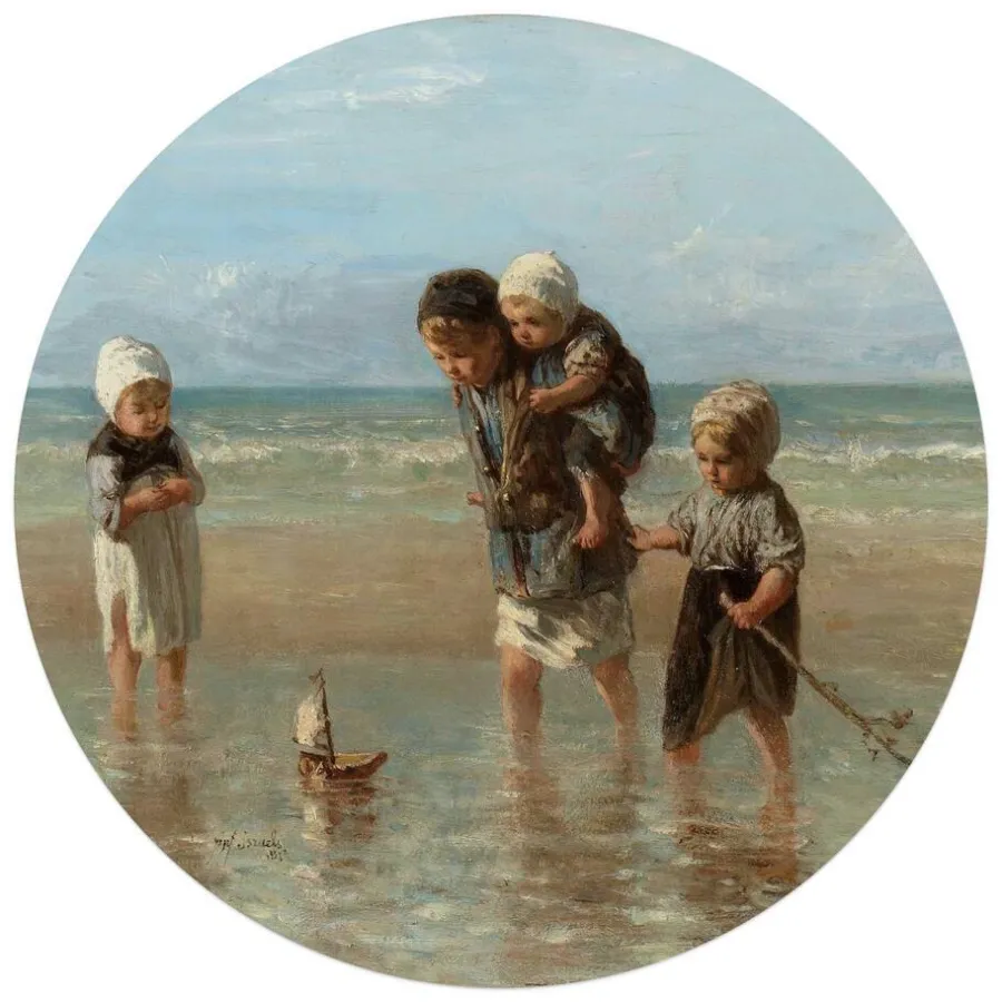 Schilderijen-Reinders Glasschilderij Israëls Kinderen der Zee - Ø 70cm - Beige