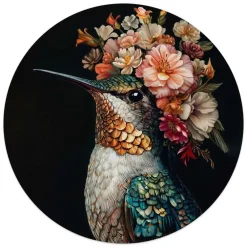 Schilderijen-Reinders Glasschilderij Kolibrie met bloemenkroon - Ø 50cm - Bont