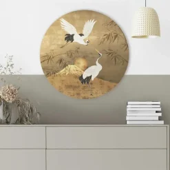 Schilderijen-Reinders Glasschilderij Kraanvogels - Ø 50cm - Goudkleurig