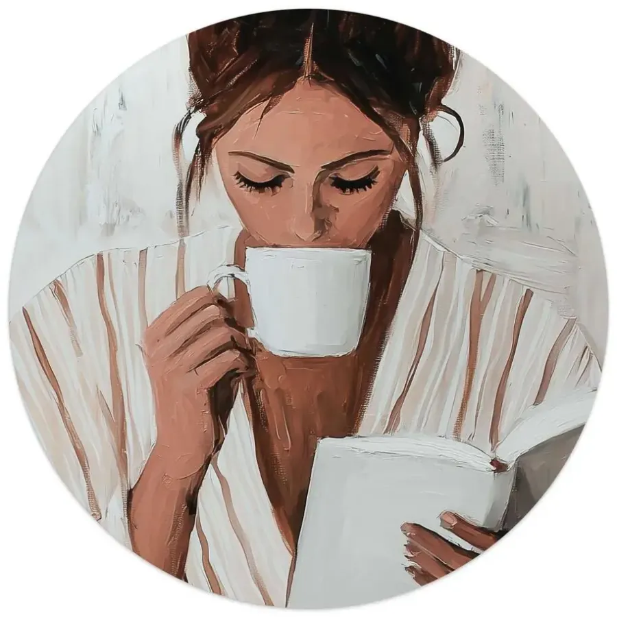 Schilderijen-Reinders Glasschilderij Ochtendkoffie met een Boek II - Ø 50cm - Beige