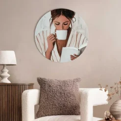 Schilderijen-Reinders Glasschilderij Ochtendkoffie met een Boek II - Ø 50cm - Beige