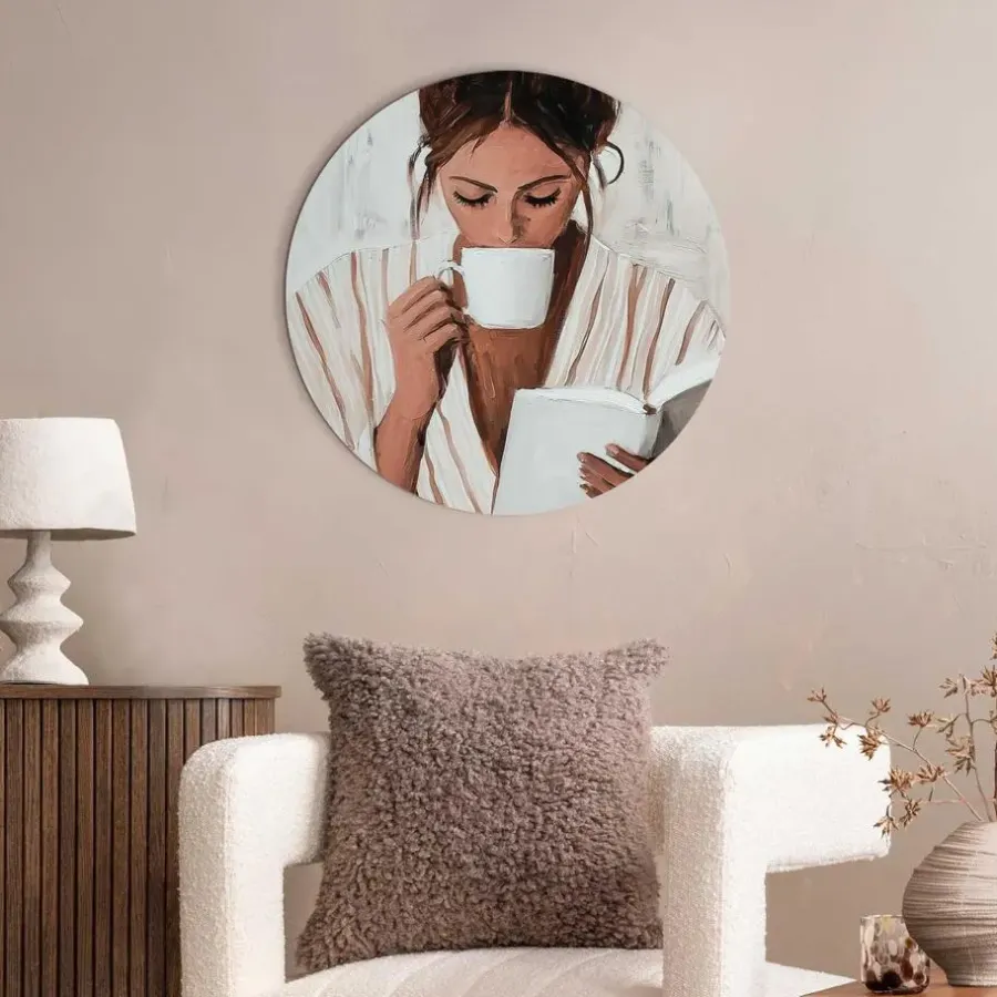 Schilderijen-Reinders Glasschilderij Ochtendkoffie met een Boek II - Ø 50cm - Beige