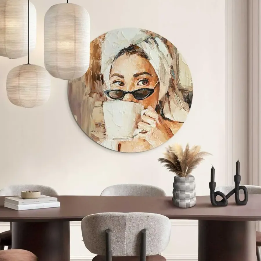 Reinders Glasschilderij Ochtendkoffie - Ø 70cm - Beige