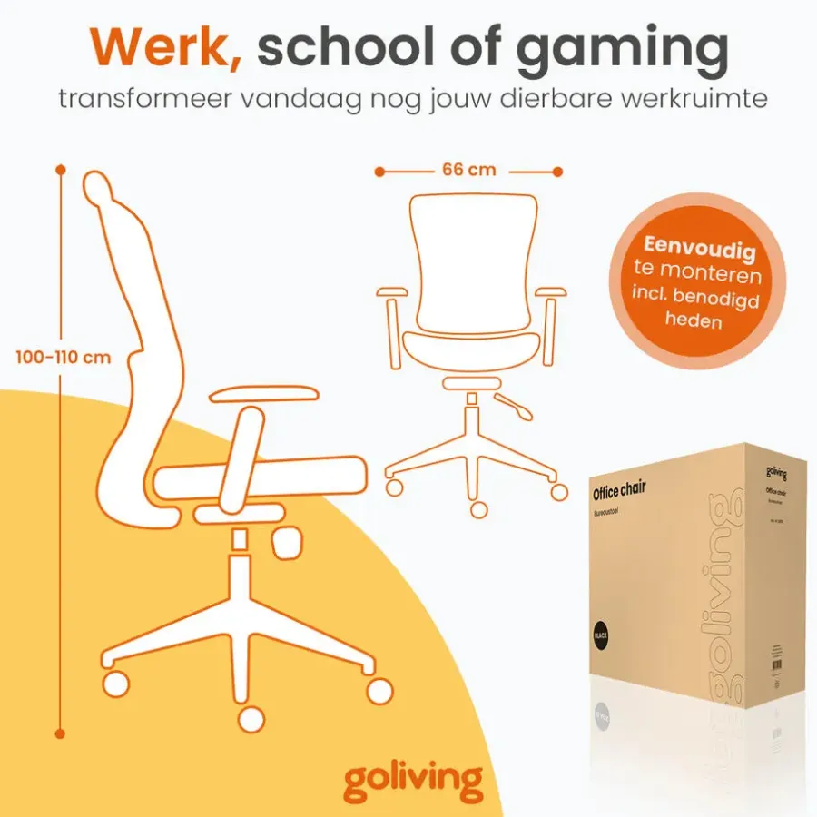 Goliving Ergonomisch bureaustoel - Verstelbaar - Op wieltjes - Zwart