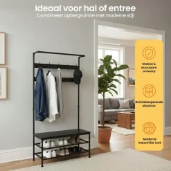 Kapstokken-Goliving Kapstok - Garderoberek - Schoenenrek - Staand - XL - Zwart Hout