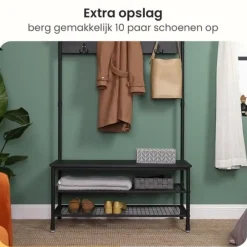 Kapstokken-Goliving Kapstok - Garderoberek - Schoenenrek - Staand - XL - Zwart Hout