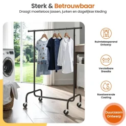 Kledingopbergers|Kledingrekken-Goliving Kledingrek op wieltjes XL - Uitschuifbare Kledingstang 112-150 cm