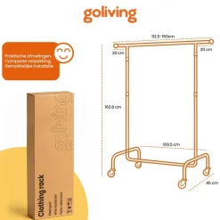 Kledingopbergers|Kledingrekken-Goliving Kledingrek op wieltjes XL - Uitschuifbare Kledingstang 112-150 cm