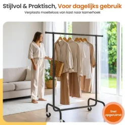 Kledingopbergers|Kledingrekken-Goliving Kledingrek op wieltjes XL - Uitschuifbare Kledingstang 112-150 cm