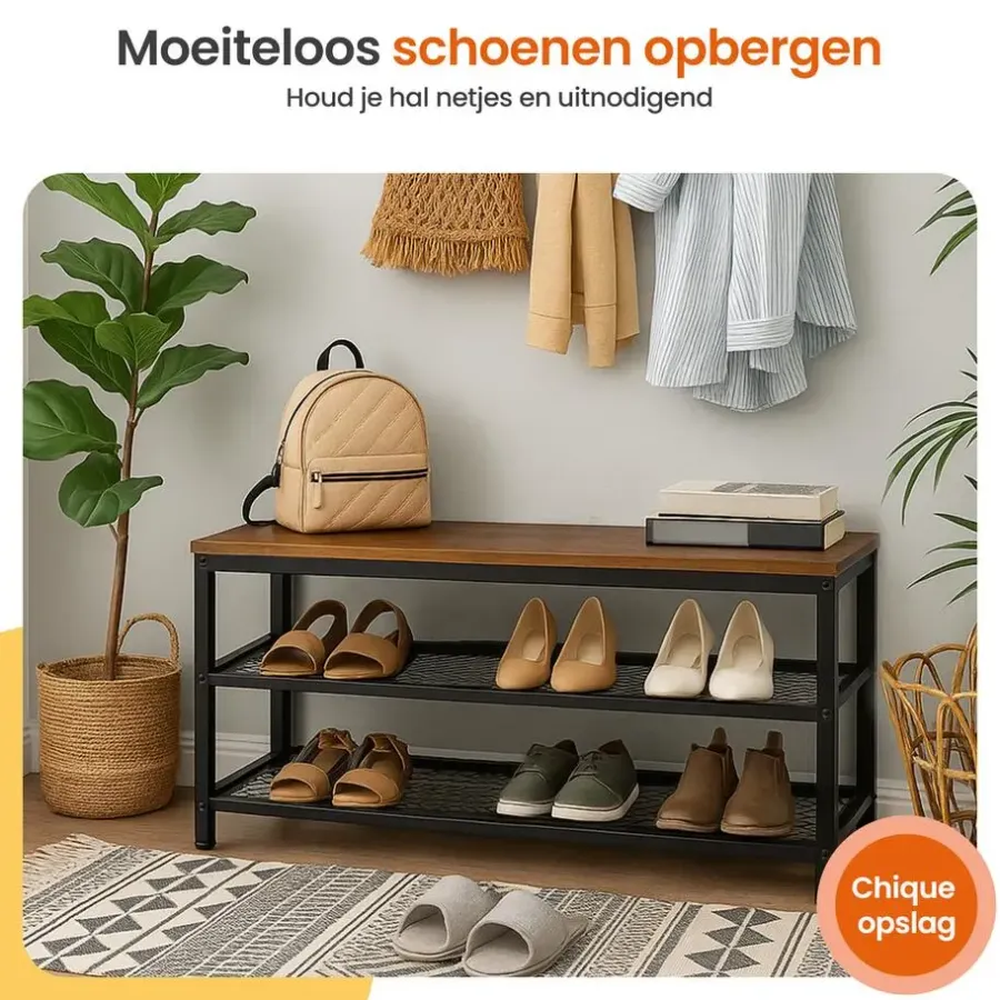 Kledingopbergers-Goliving Schoenenrek - Schoenenbank - Halbank - Industrieel - Bruin
