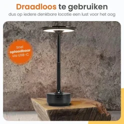 Tafellampen-Goliving Tafellamp Op Accu - Oplaadbaar en Dimbaar - Hoogte 27 cm - Zwart