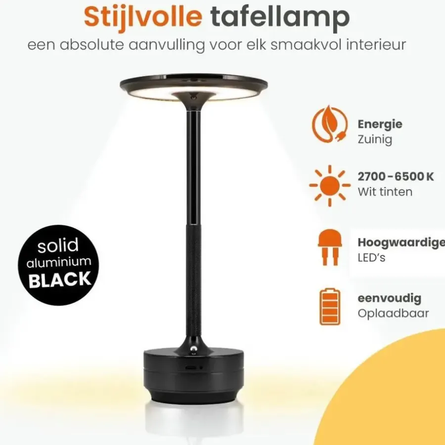 Tafellampen-Goliving Tafellamp Op Accu - Oplaadbaar en Dimbaar - Hoogte 27 cm - Zwart