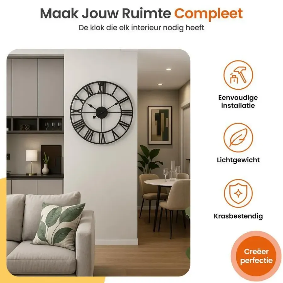 Klokken-Goliving Wandklok Industrieel - Stil uurwerk - Metaal - Ø 40 cm - Zwart