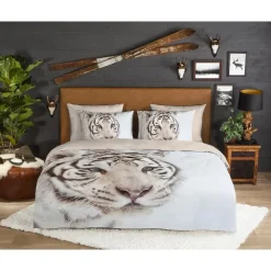 2-Persoons Dekbedovertrekken-Good Morning Witte Tijger Flanel Debedovertrek Off-white-2-persoons (200 x 20...