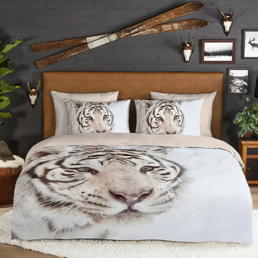 2-Persoons Dekbedovertrekken-Good Morning Witte Tijger Flanel Debedovertrek Off-white-2-persoons (200 x 20...