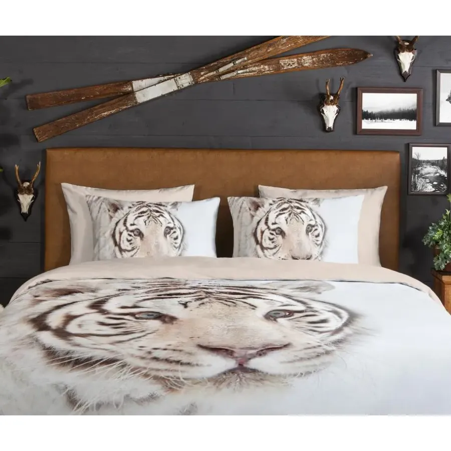 2-Persoons Dekbedovertrekken-Good Morning Witte Tijger Flanel Debedovertrek Off-white-2-persoons (200 x 20...