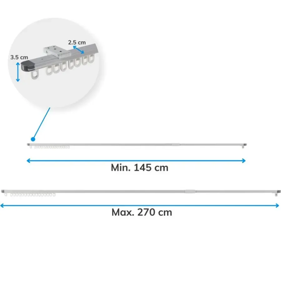 Merkloos Gordijnrail - uitschuifbaar - van 145 tot 270 cm - aluminium - gebroken wit