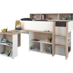 Kinderbedden-Parisot Halfhoogslaper Duffy 90x200cm met bureau - wit / eikdecor