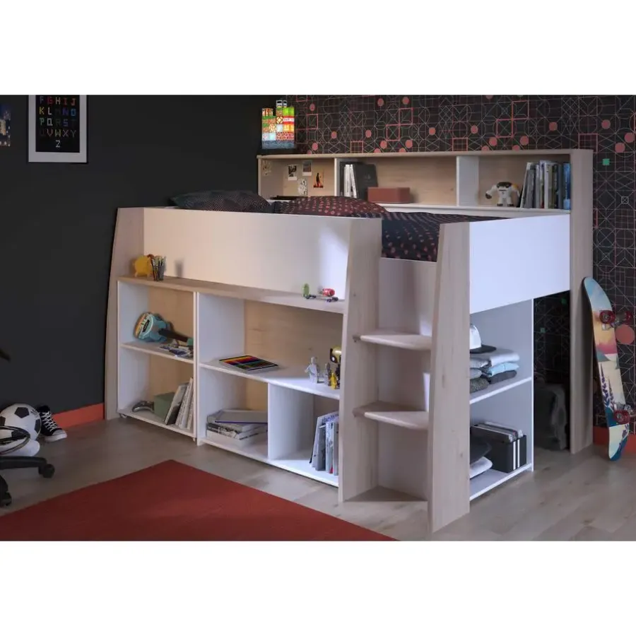 Kinderbedden-Parisot Halfhoogslaper Duffy 90x200cm met bureau - wit / eikdecor