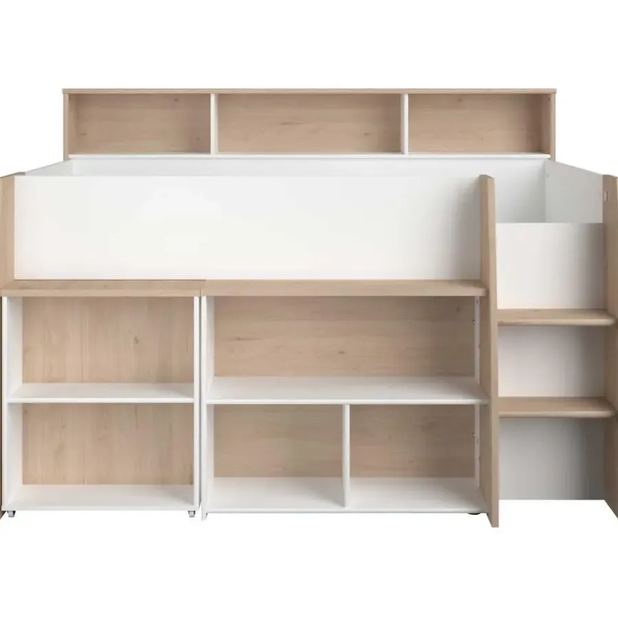 Kinderbedden-Parisot Halfhoogslaper Duffy 90x200cm met bureau - wit / eikdecor