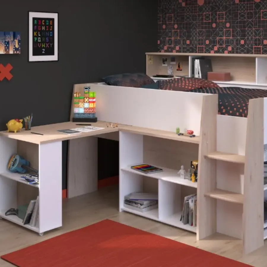 Kinderbedden-Parisot Halfhoogslaper Duffy 90x200cm met bureau - wit / eikdecor