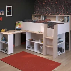 Kinderbedden-Parisot Halfhoogslaper Duffy 90x200cm met bureau - wit / eikdecor