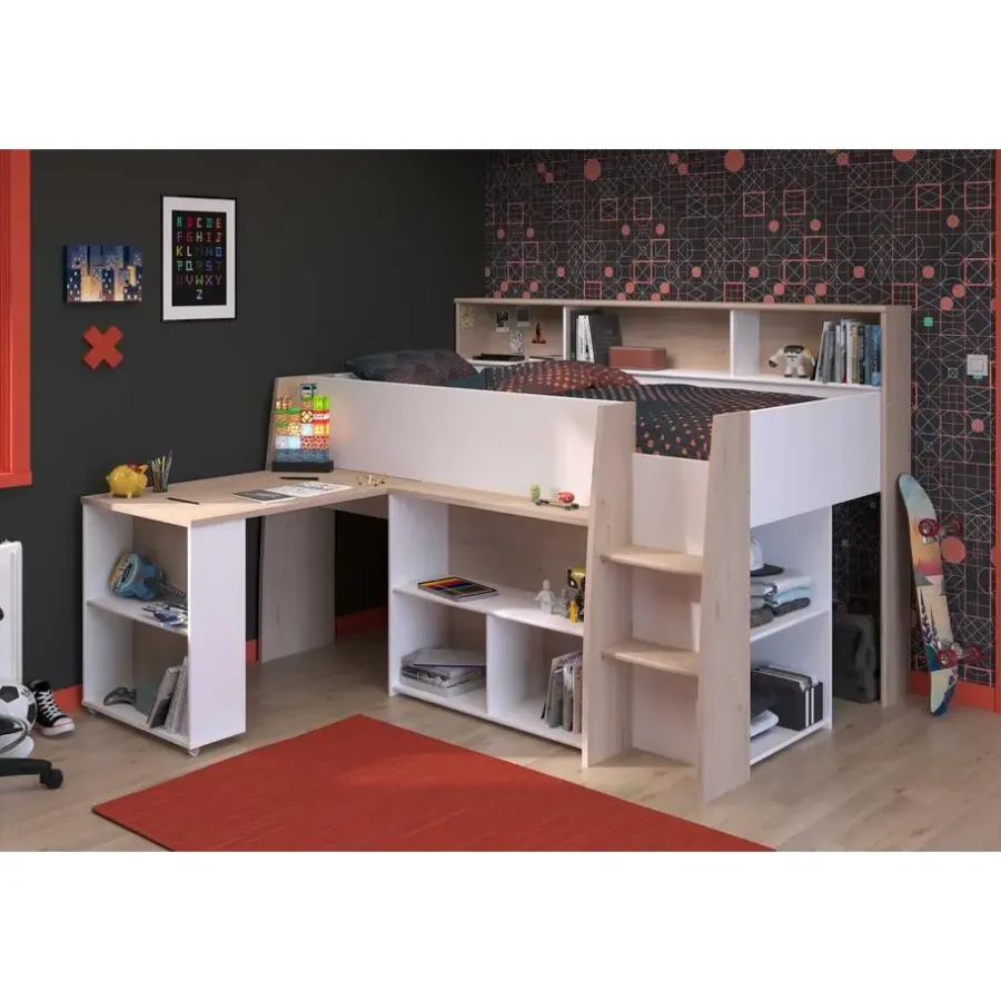 Kinderbedden-Parisot Halfhoogslaper Duffy 90x200cm met bureau - wit / eikdecor