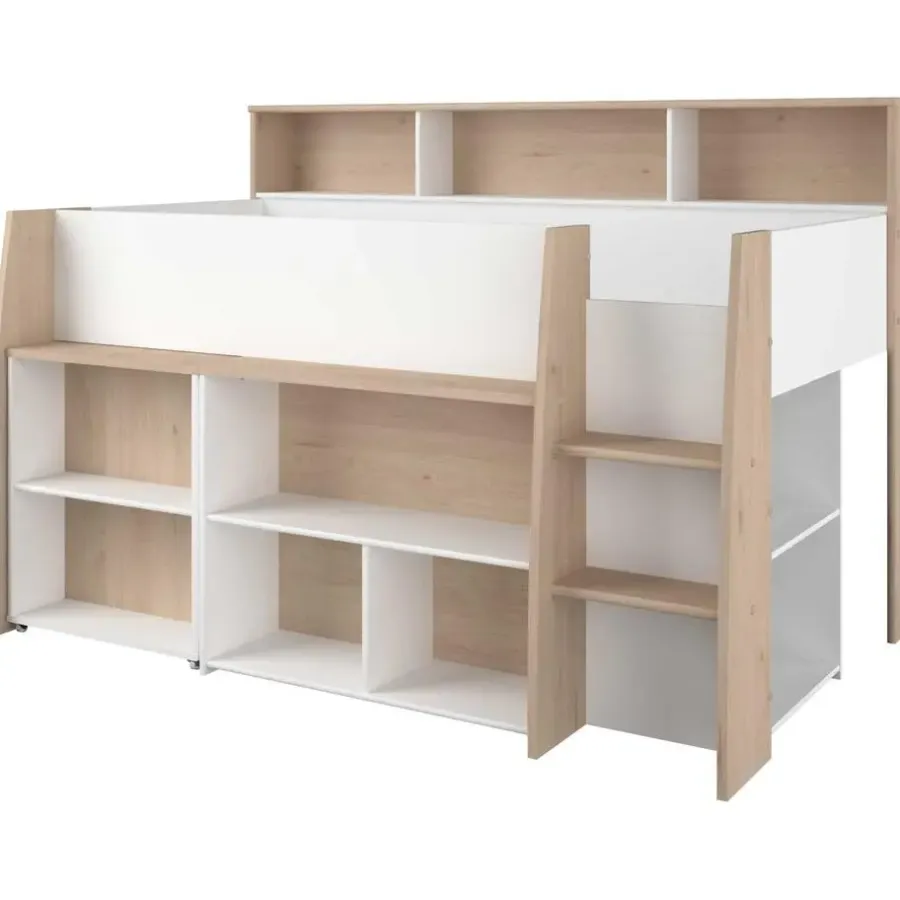 Kinderbedden-Parisot Halfhoogslaper Duffy 90x200cm met bureau - wit / eikdecor