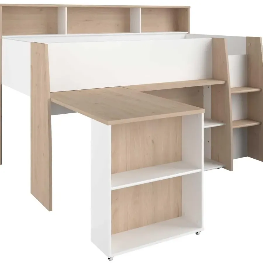 Kinderbedden-Parisot Halfhoogslaper Duffy 90x200cm met bureau - wit / eikdecor