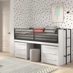 Kinderbedden-Vipack Halfhoogslaper Sammie 90x200cm - met bureau en ladekasten - wit