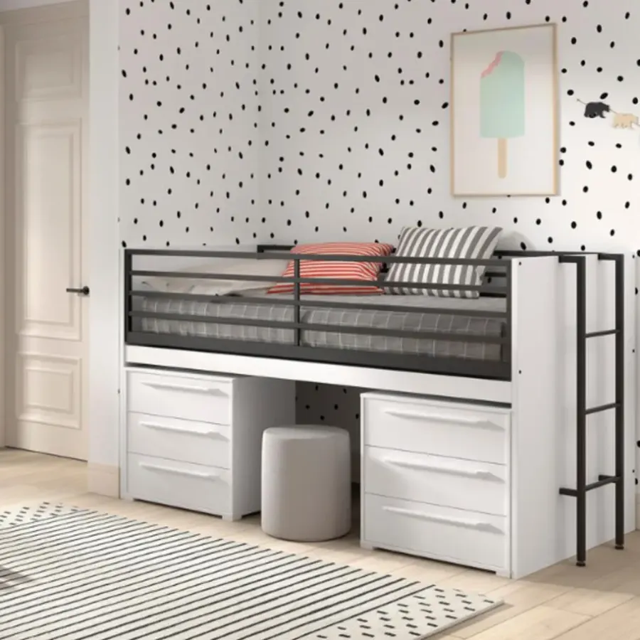 Kinderbedden-Vipack Halfhoogslaper Sammie 90x200cm - met bureau en ladekasten - wit