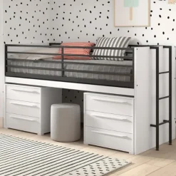 Kinderbedden-Vipack Halfhoogslaper Sammie 90x200cm - met bureau en ladekasten - wit