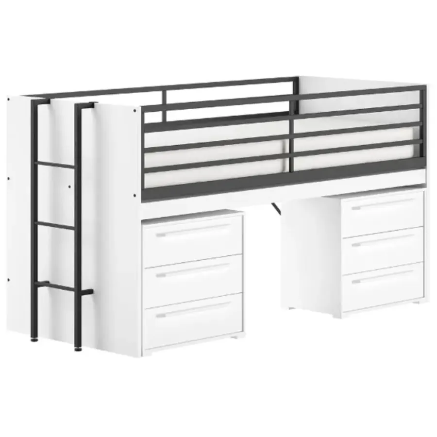 Kinderbedden-Vipack Halfhoogslaper Sammie 90x200cm - met bureau en ladekasten - wit