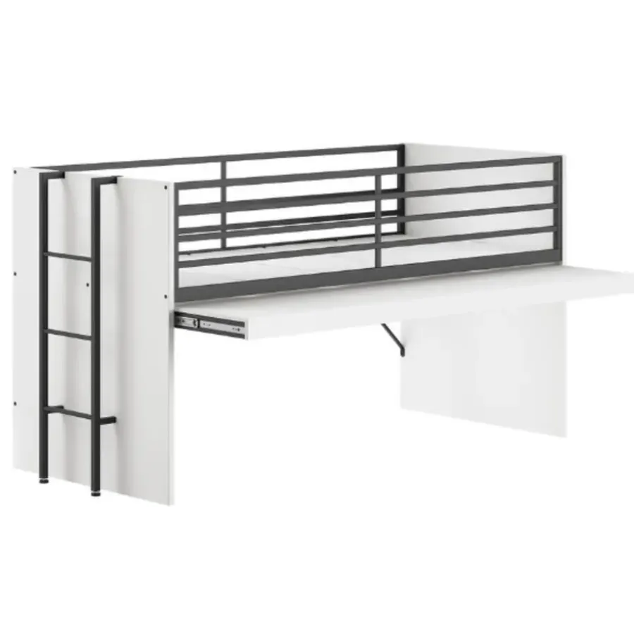 Kinderbedden-Vipack Halfhoogslaper Sammie 90x200cm - met bureau en ladekasten - wit