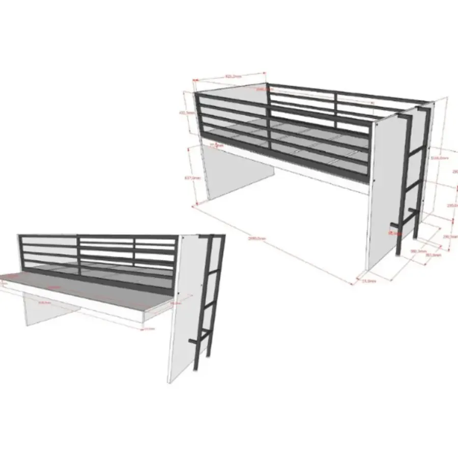 Kinderbedden-Vipack Halfhoogslaper Sammie 90x200cm - met bureau en ladekasten - wit
